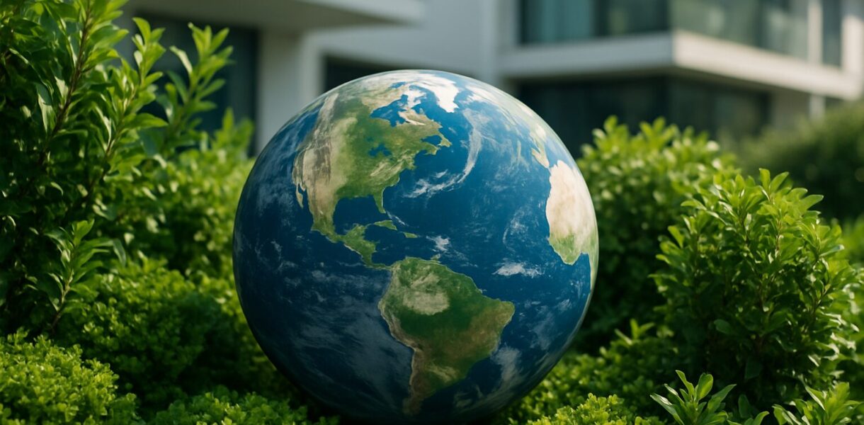 A globe of Earth surrounded by lush greenery near modern buildings