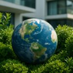 A globe of Earth surrounded by lush greenery near modern buildings