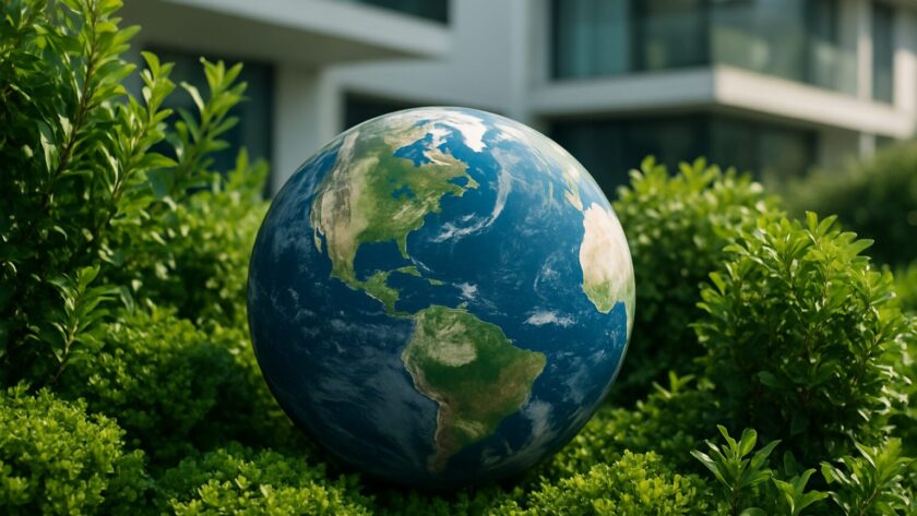 A globe of Earth surrounded by lush greenery near modern buildings