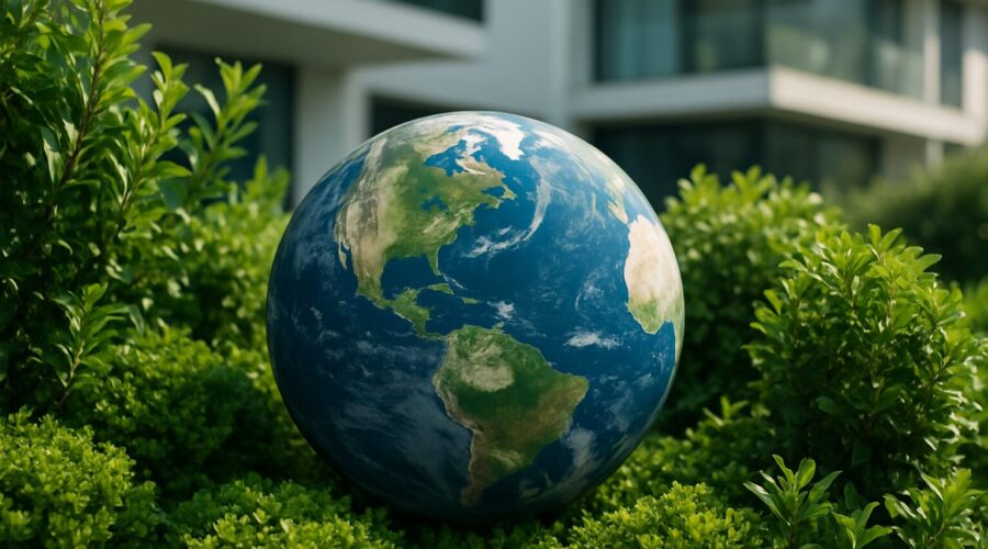 A globe of Earth surrounded by lush greenery near modern buildings