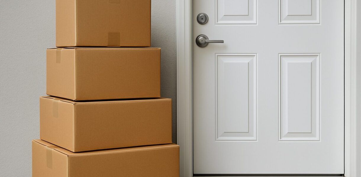 Stack of moving boxes next to a door, indicating preparation for a move
