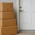 Stack of moving boxes next to a door, indicating preparation for a move