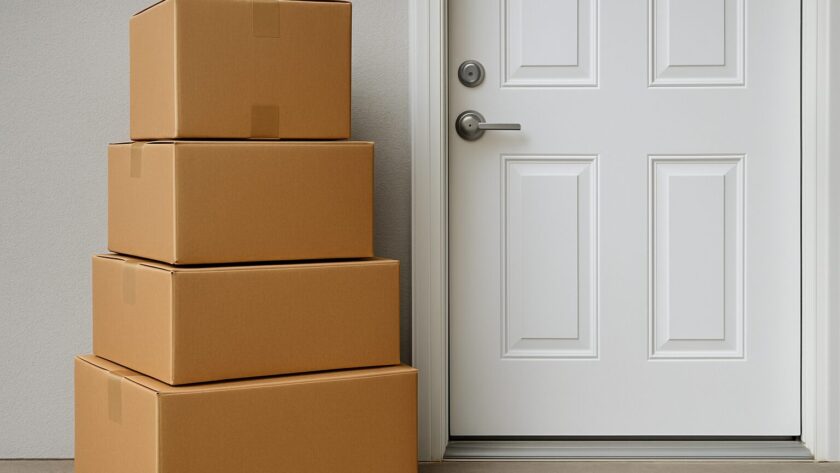 Stack of moving boxes next to a door, indicating preparation for a move