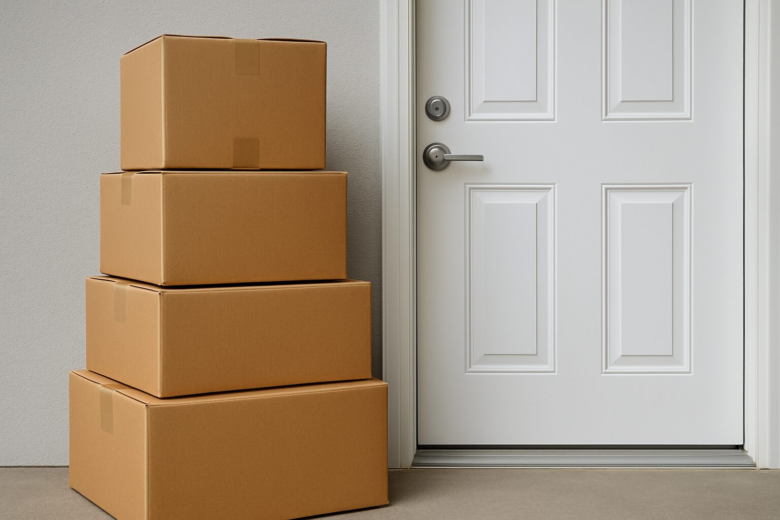 Stack of moving boxes next to a door, indicating preparation for a move