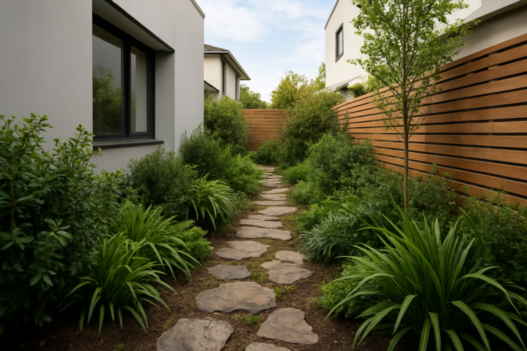 A pathway bordered by greenery and wooden fencing between two modern homes.